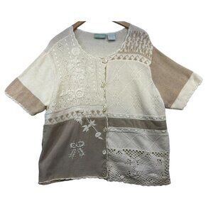 220 Hickory Womens Patchwork Cardigan Sweater XL Cream & Tan Knit Cottagecore